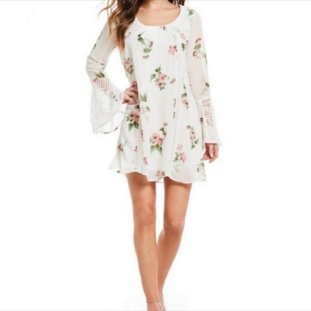 Whimsical White and Floral Flared Sleeve Dress (M)